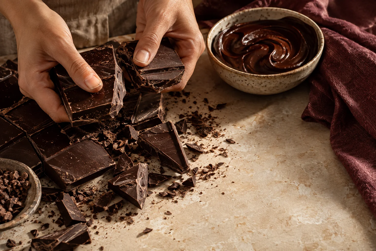 Mãos quebrando chocolate sobre uma bancada, ao lado de uma tigela de ganache.