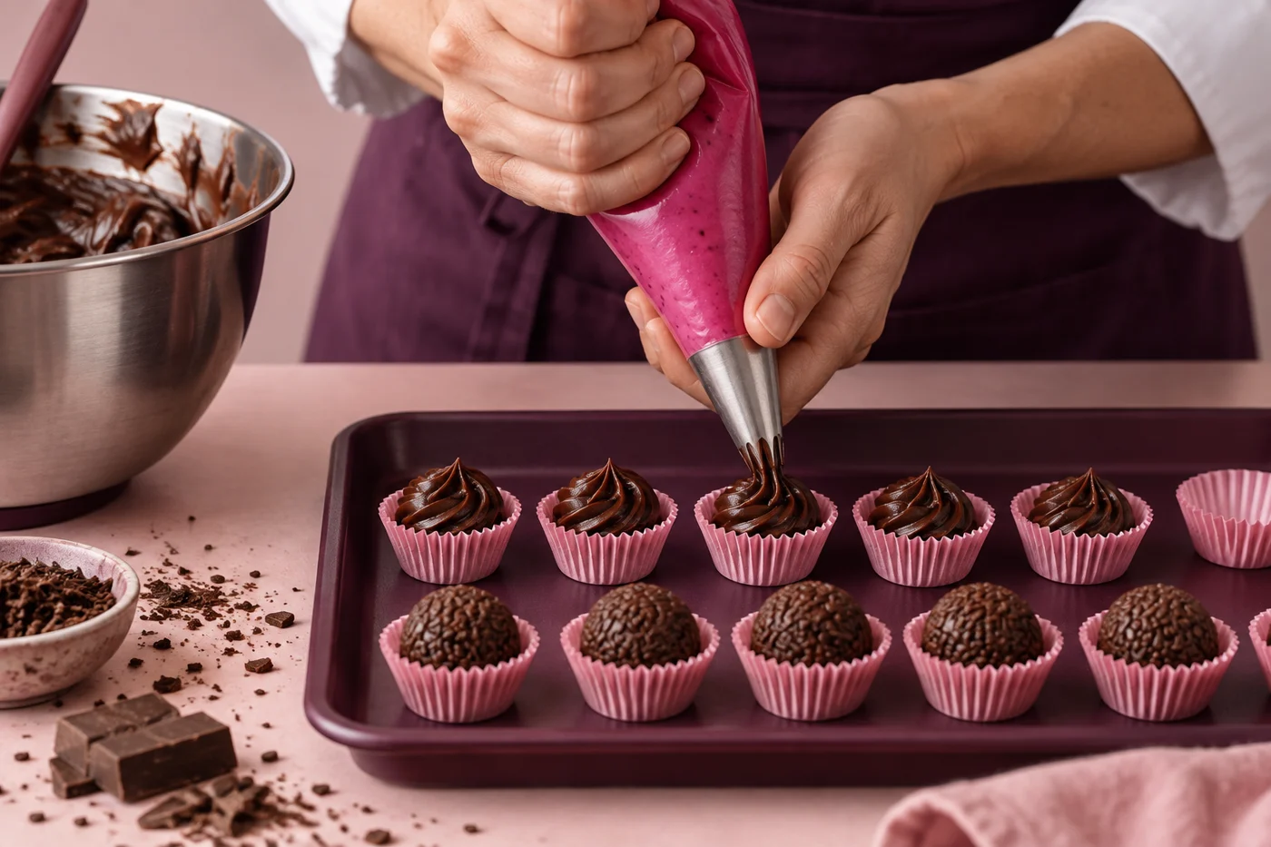 Confeiteira preparando brigadeiros com saco de confeitar rosa.