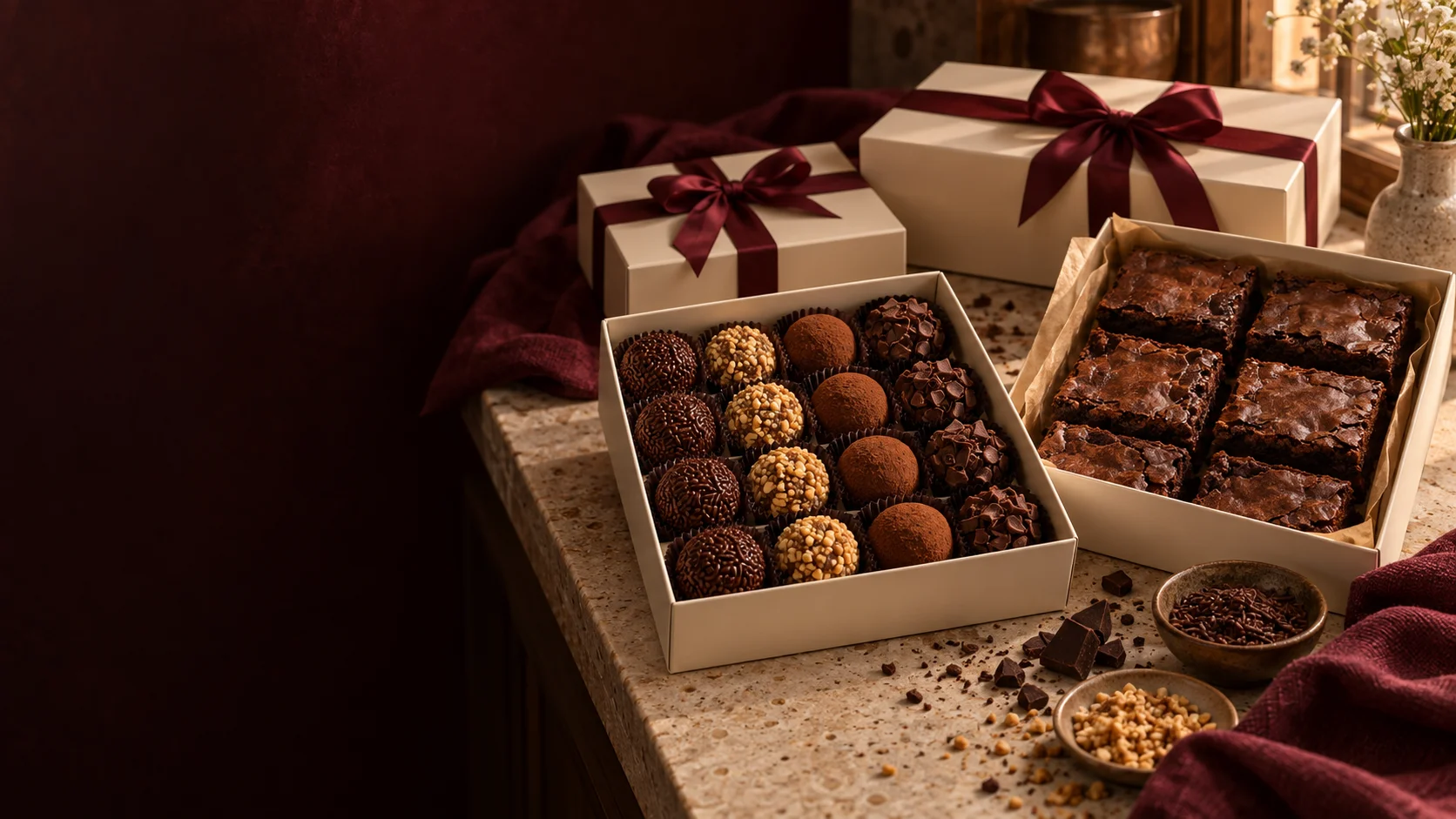 Encomendas finalizadas em caixas creme com laços vinho, prontas para entrega.