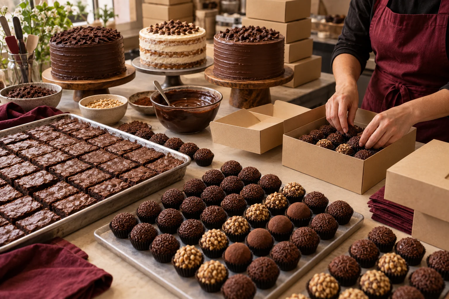 Bancada com bandejas de brigadeiros, brownies e caixas sendo preparadas para encomendas.